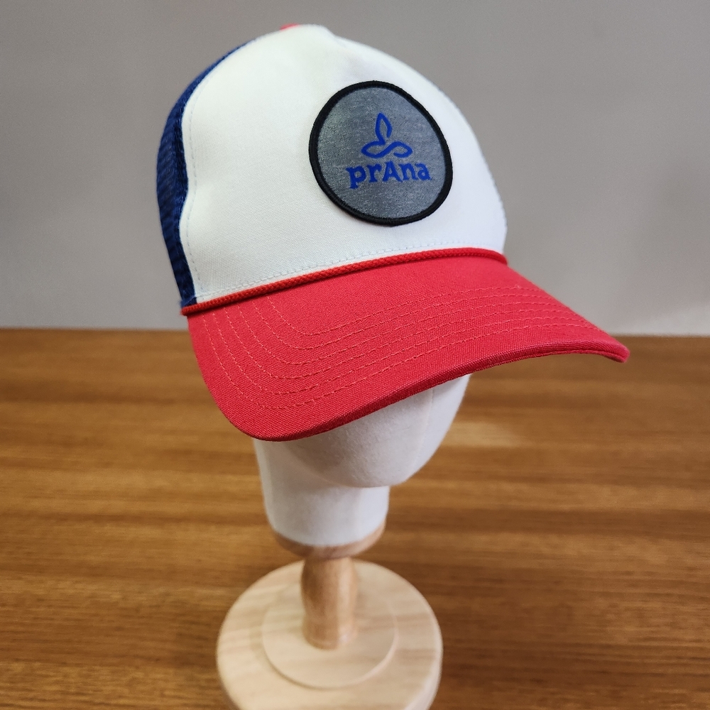 PrAna Organic Cotton Red White and Blue Embroidered Logo Patch Mesh Snap…